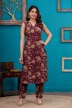 Maroon Printed Pure Cotton Kurti Set