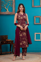 Maroon Printed Pure Cotton Kurti Set