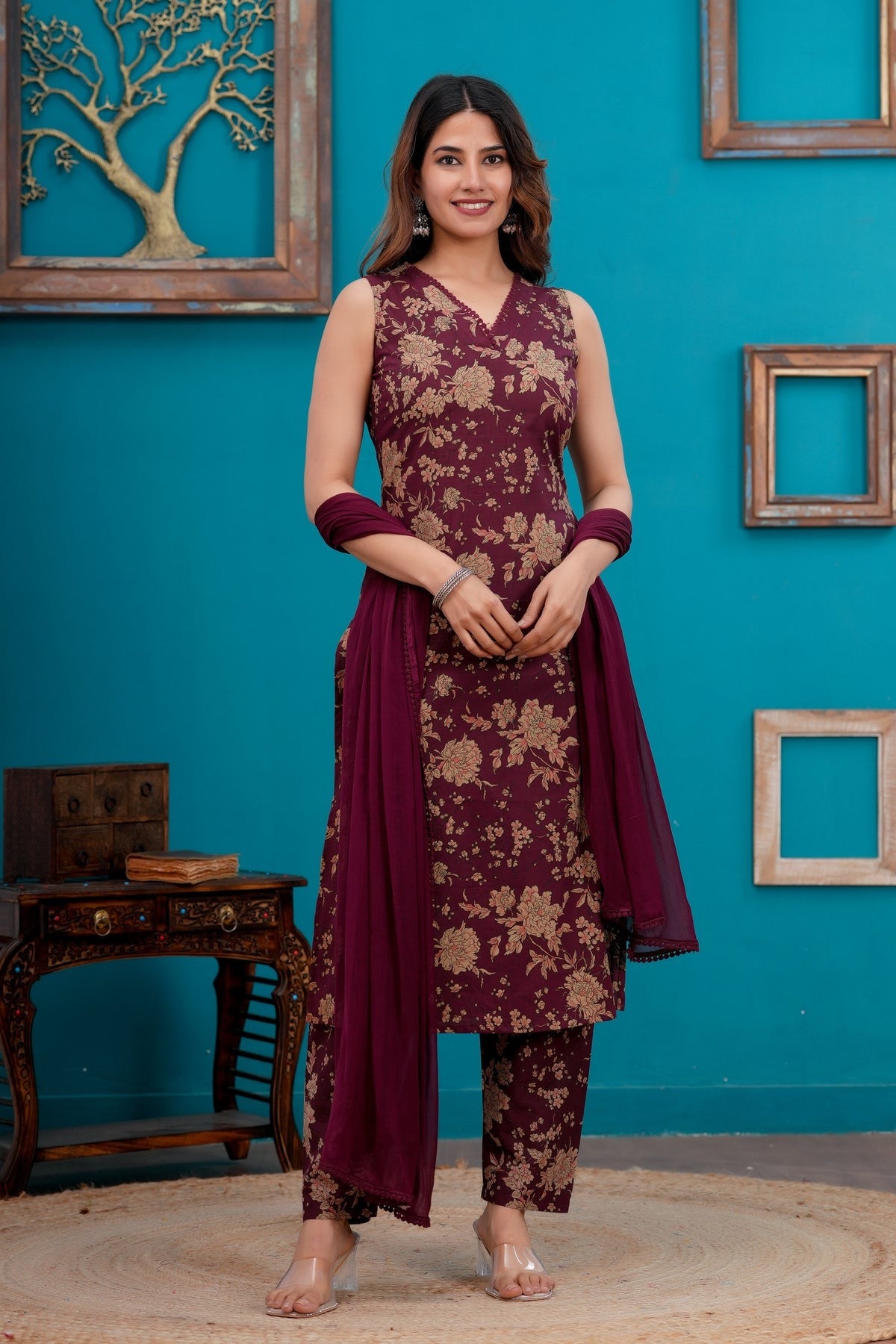 Maroon Printed Pure Cotton Kurti Set