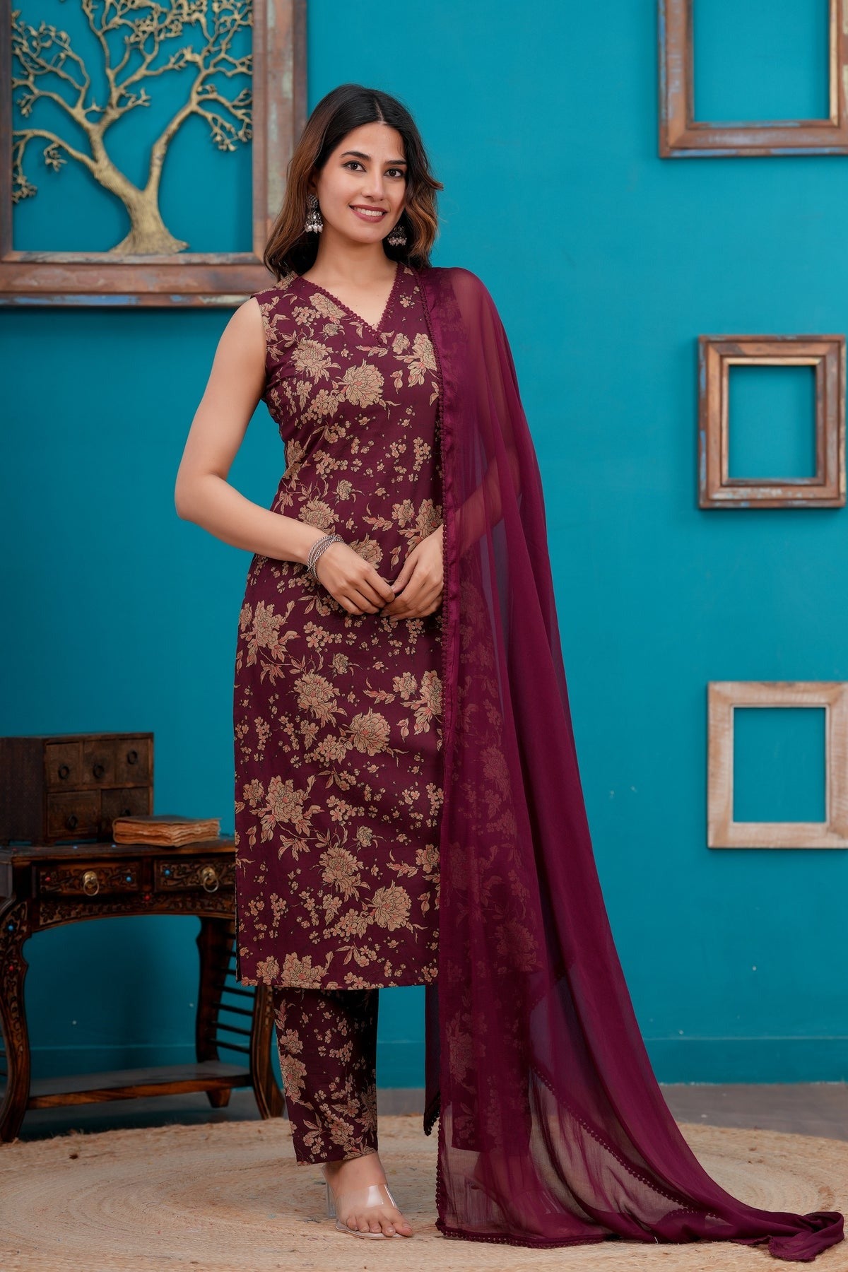 Maroon Printed Pure Cotton Kurti Set