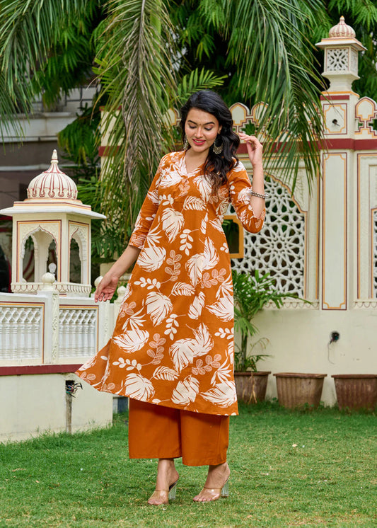 Rust Printed Cotton Kurti Plazoo Set