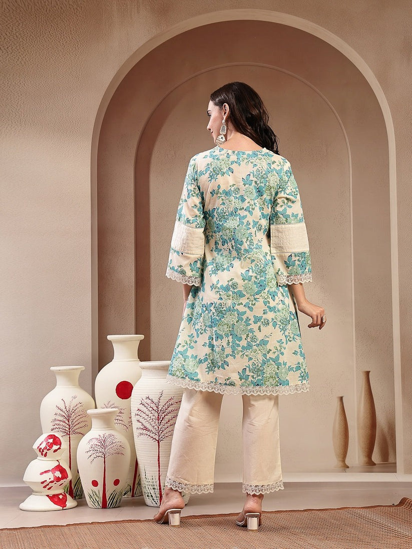 Blue Off White Floral Printed Cotton Kurti Set