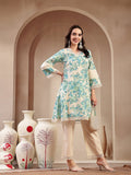 Blue Off White Floral Printed Cotton Kurti Set