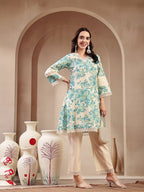Blue Off White Floral Printed Cotton Kurti Set