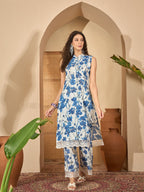 Blue & White Floral Printed Cotton Co-Ord Set