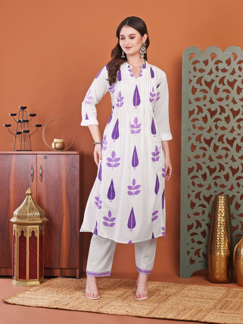 Purple White  Printed Cotton Kurti Plazzo Set