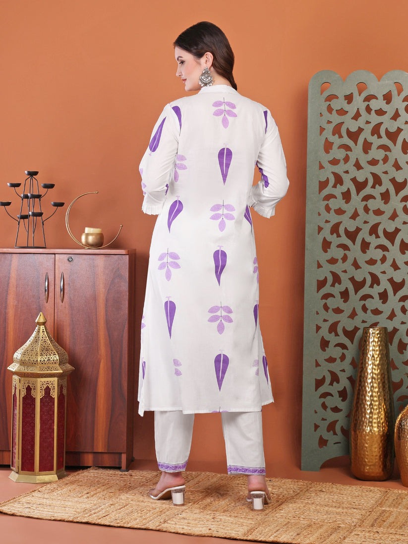 Purple White  Printed Cotton Kurti Plazzo Set