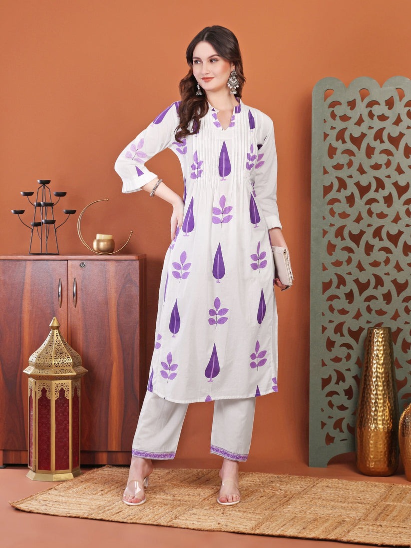 Purple White  Printed Cotton Kurti Plazzo Set