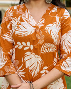 Rust Printed Cotton Kurti Palazzo Set