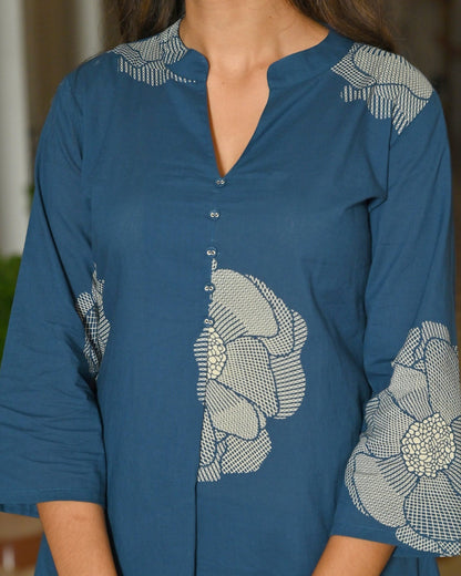 Teal Blue White Floral Printed Cotton Co-Ord Set