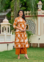 Rust Printed Cotton Kurti Palazzo Set