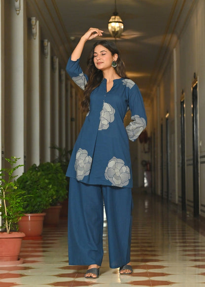 Teal Blue White Floral Printed Cotton Co-Ord Set
