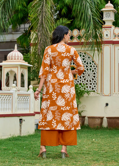 Rust Printed Cotton Kurti Plazoo Set