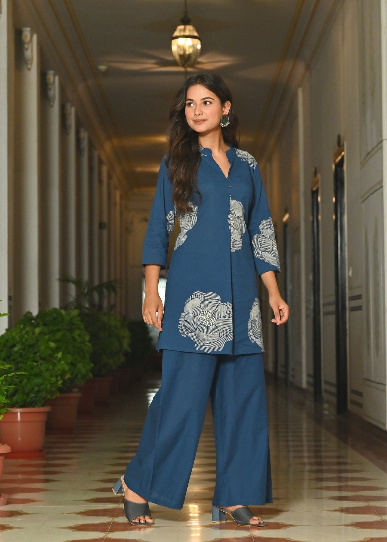 Teal Blue White Floral Printed Cotton Co-Ord Set