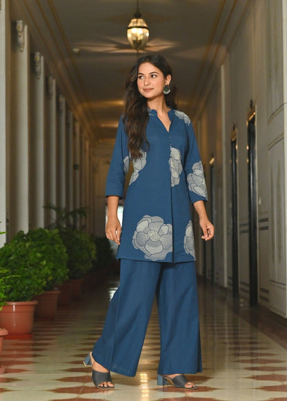 Teal Blue White Floral Printed Cotton Co-Ord Set