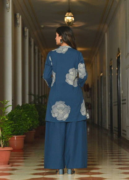 Teal Blue White Floral Printed Cotton Co-Ord Set