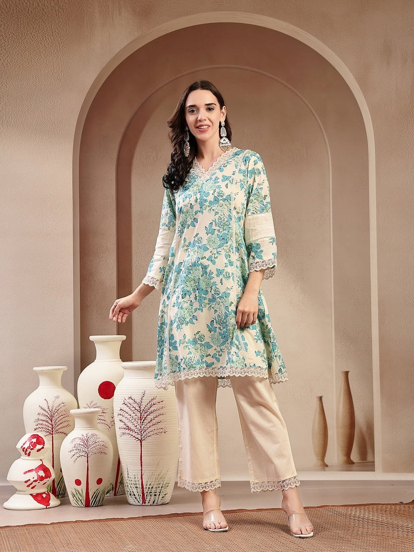 Blue Off White Floral Printed Cotton Kurti Set