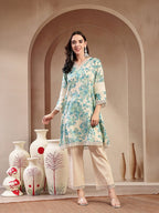 Blue Off White Floral Printed Cotton Kurti Set