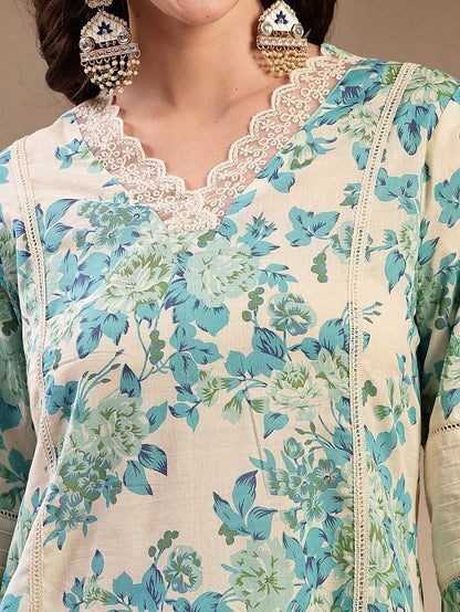Blue Off White Floral Printed Cotton Kurti Set