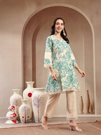 Blue Off White Floral Printed Cotton Kurti Set