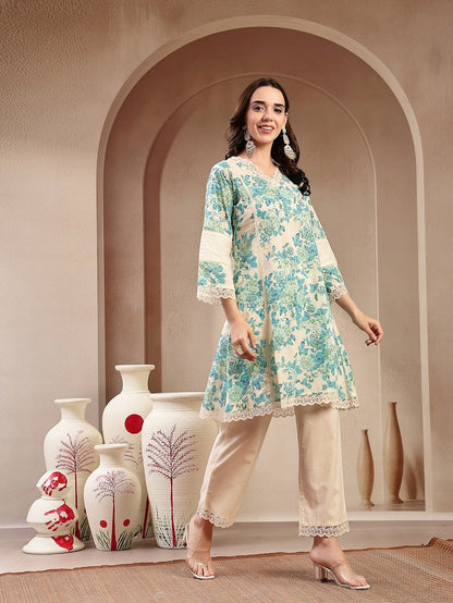 Blue Off White Floral Printed Cotton Kurti Set