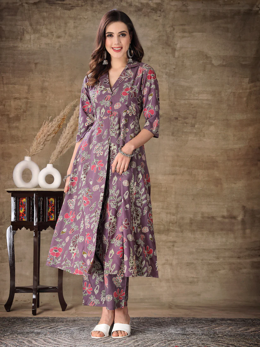 Purple & White Floral Printed Rayon Co-Ord Set