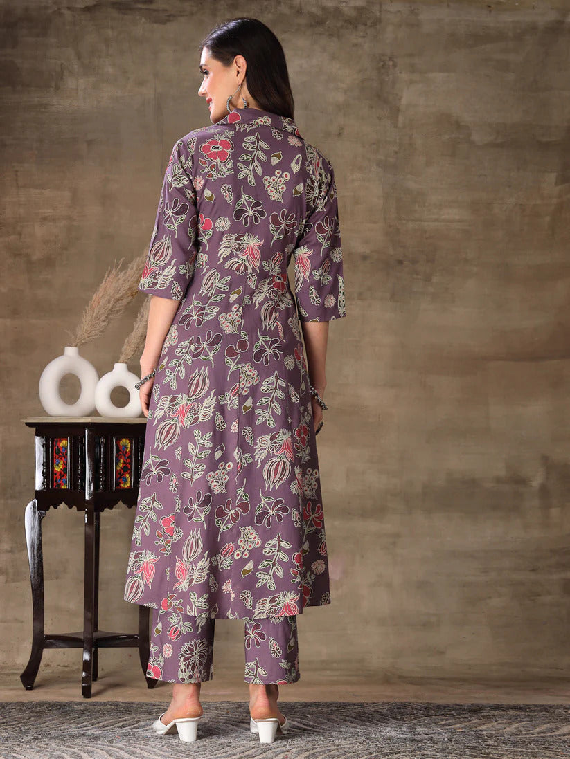 Purple & White Floral Printed Rayon Co-Ord Set
