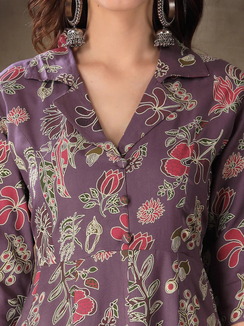 Purple & White Floral Printed Rayon Co-Ord Set