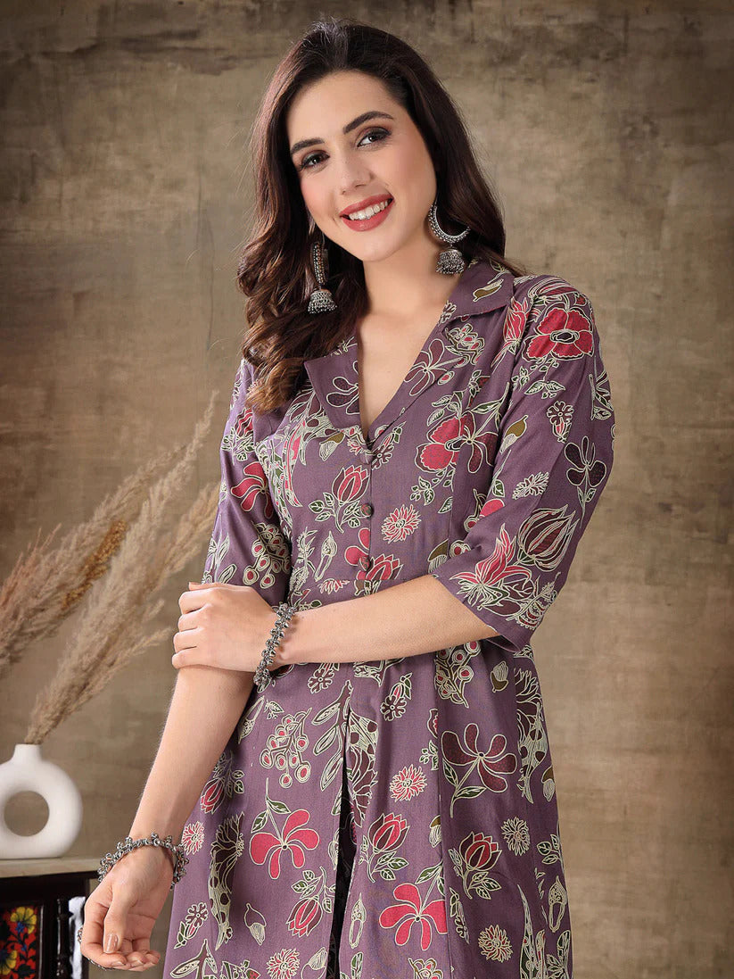 Purple & White Floral Printed Rayon Co-Ord Set