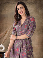 Purple & White Floral Printed Rayon Co-Ord Set