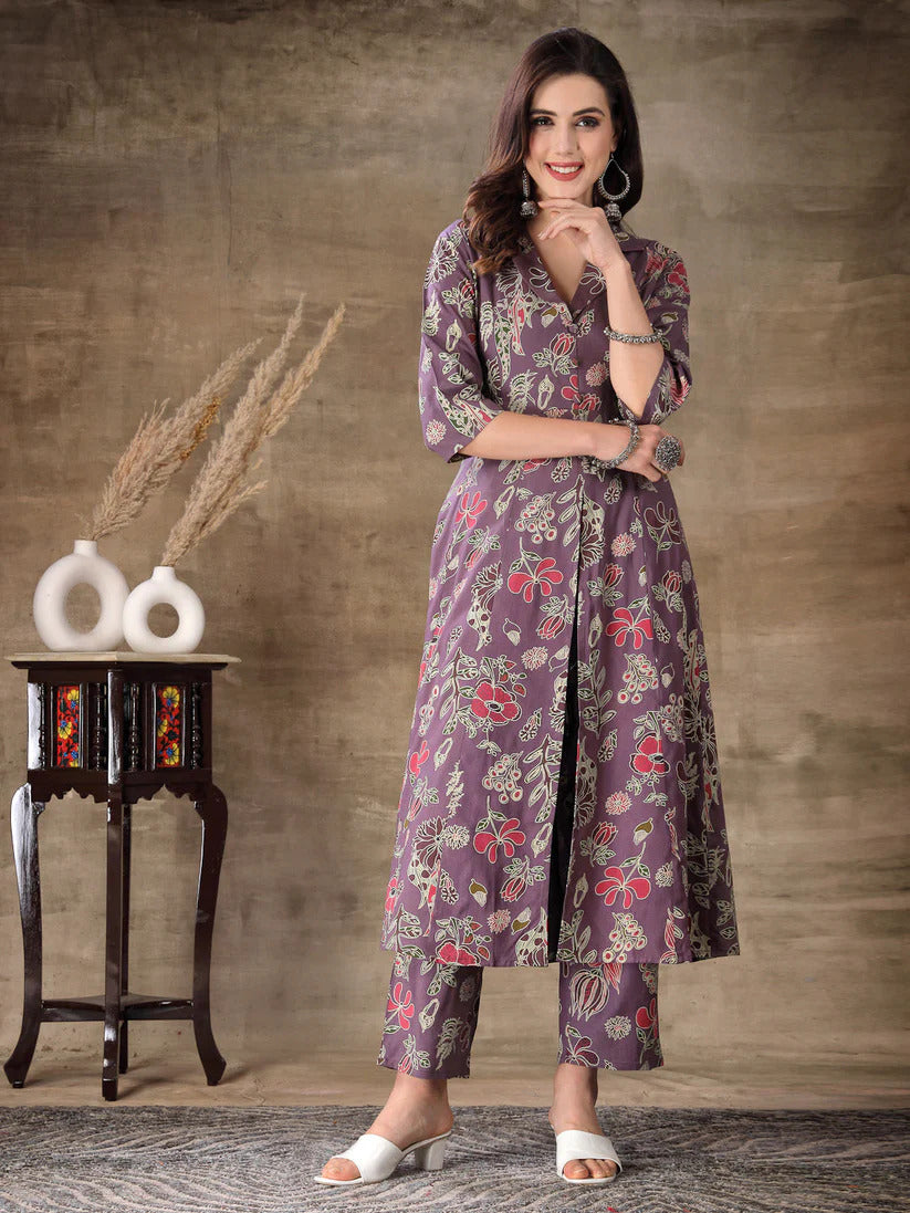 Purple & White Floral Printed Rayon Co-Ord Set