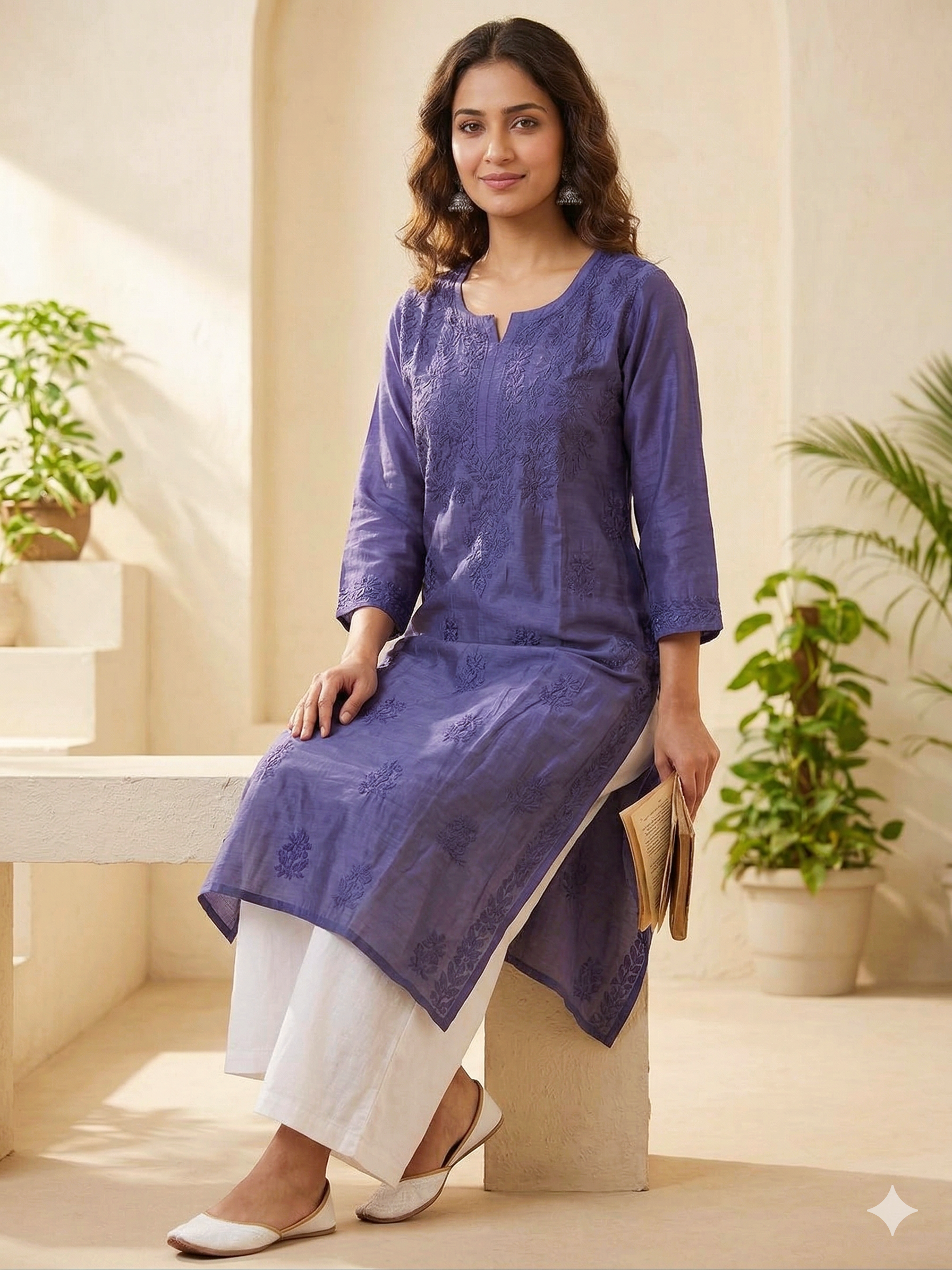 Hand Embroidered Muslin Chikankari Kurti Top ( Top Only)