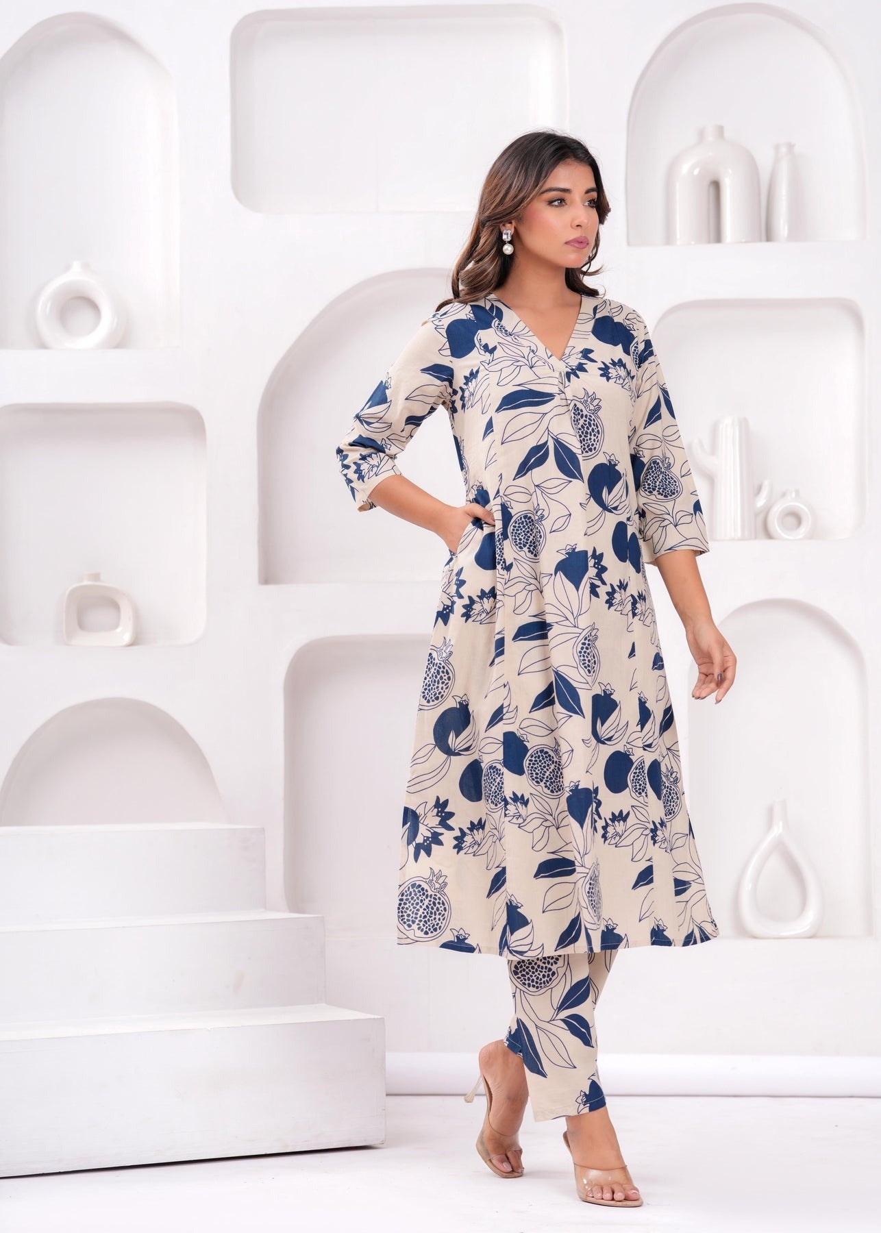 Navy & Off White Floral Printed Cotton Co-Ord Set