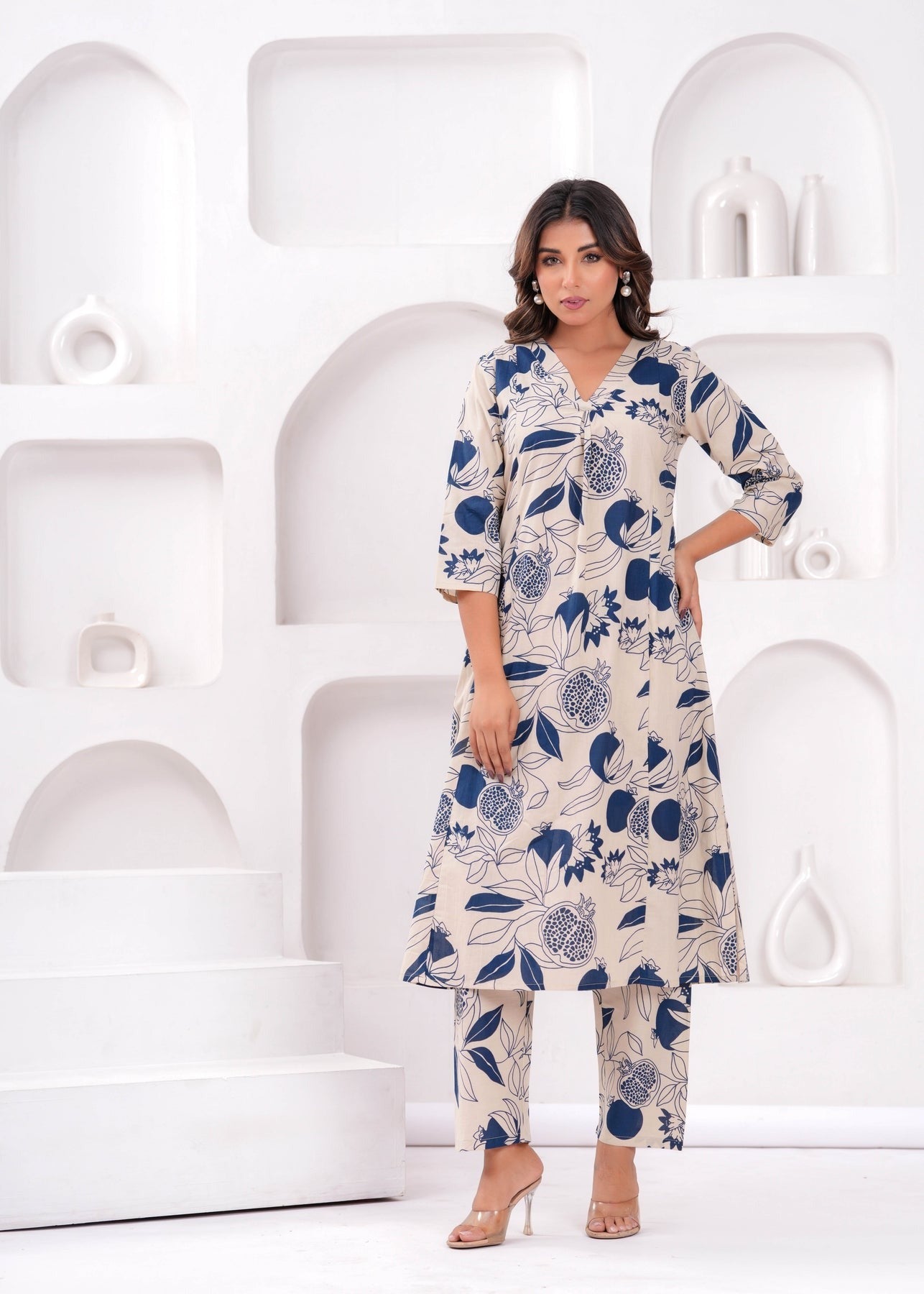 Navy & Off White Floral Printed Cotton Co-Ord Set