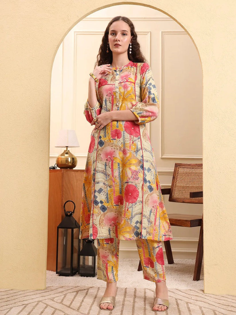 Multi Color Floral Printed Linen Cotton Co-Ord Set