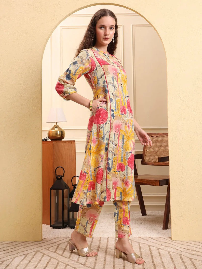 Multi Color Floral Printed Linen Cotton Co-Ord Set