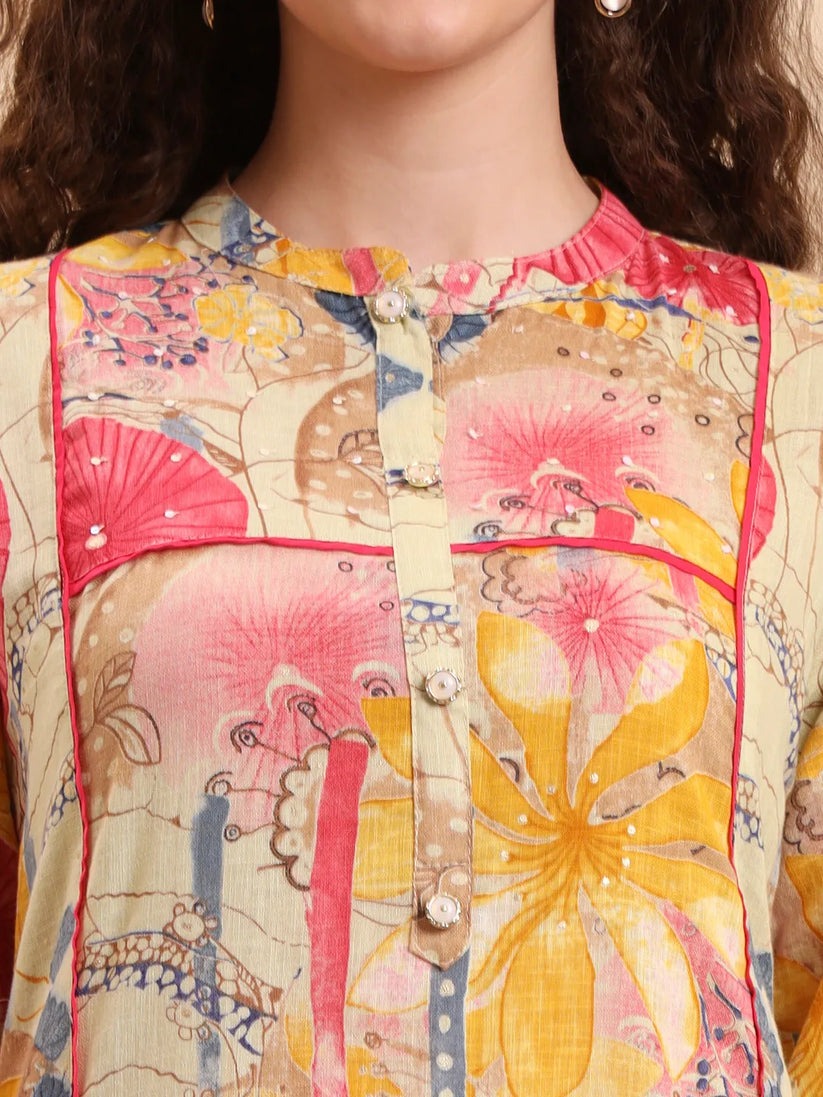 Multi Color Floral Printed Linen Cotton Co-Ord Set