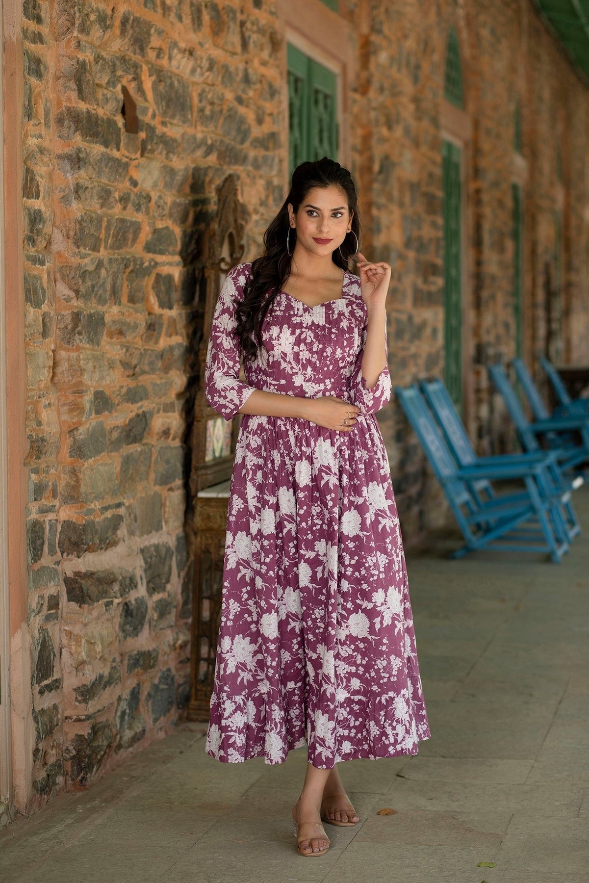 Mauve Floral printed Cotton Dress