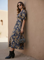 Navy Blue Cotton Floral printed  Dress