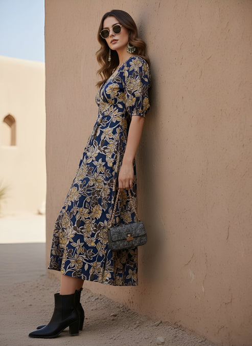 Navy Blue Cotton Floral printed  Dress