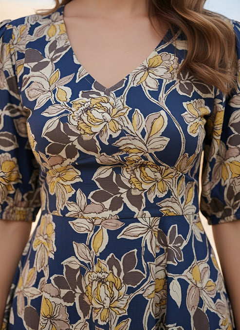 Navy Blue Cotton Floral printed  Dress