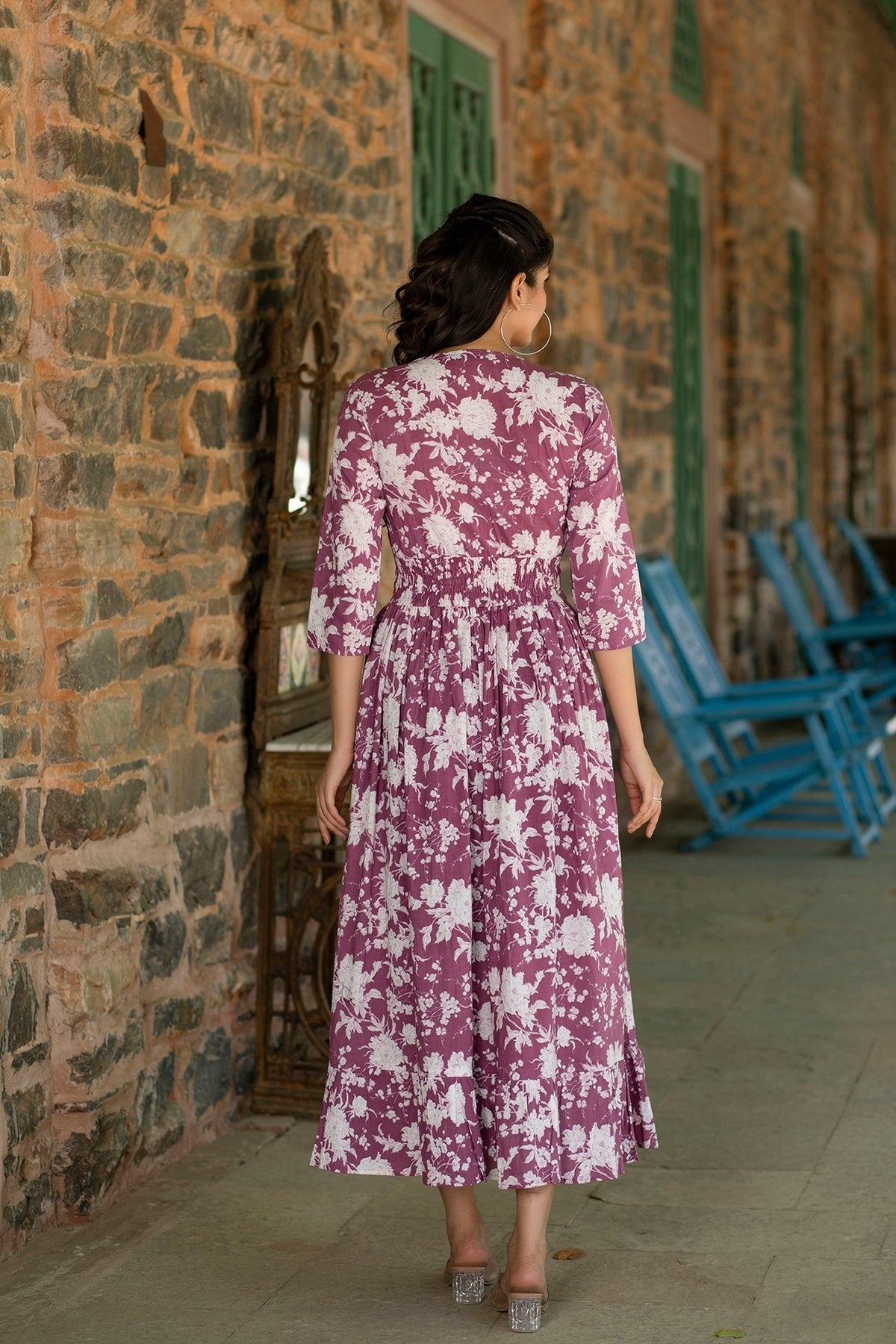 Mauve Floral printed Cotton Dress