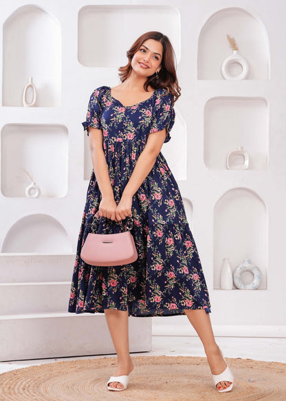 Navy Blue Floral printed  Dress