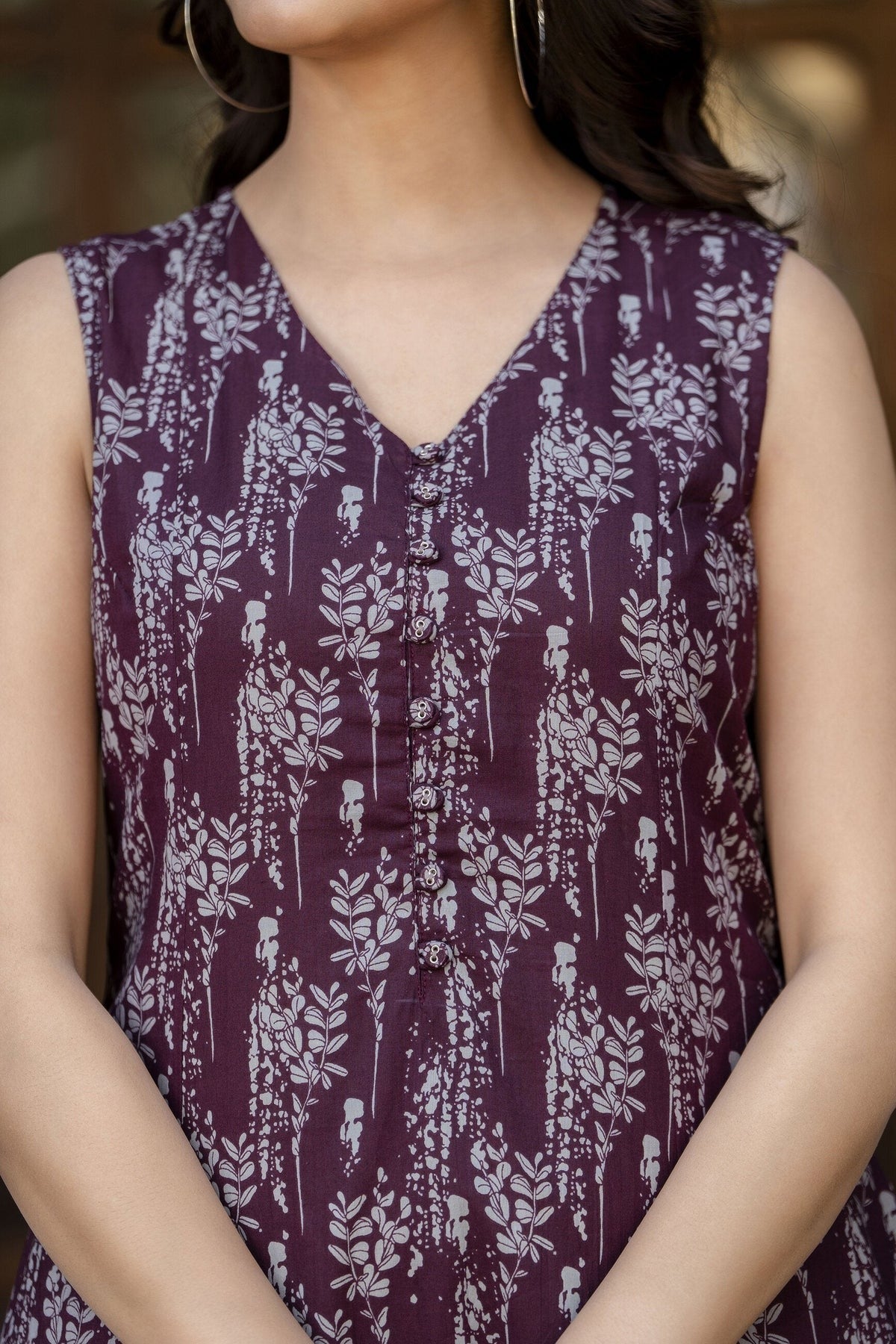Wine Digital printed Pure Cotton Sleeveless Dress