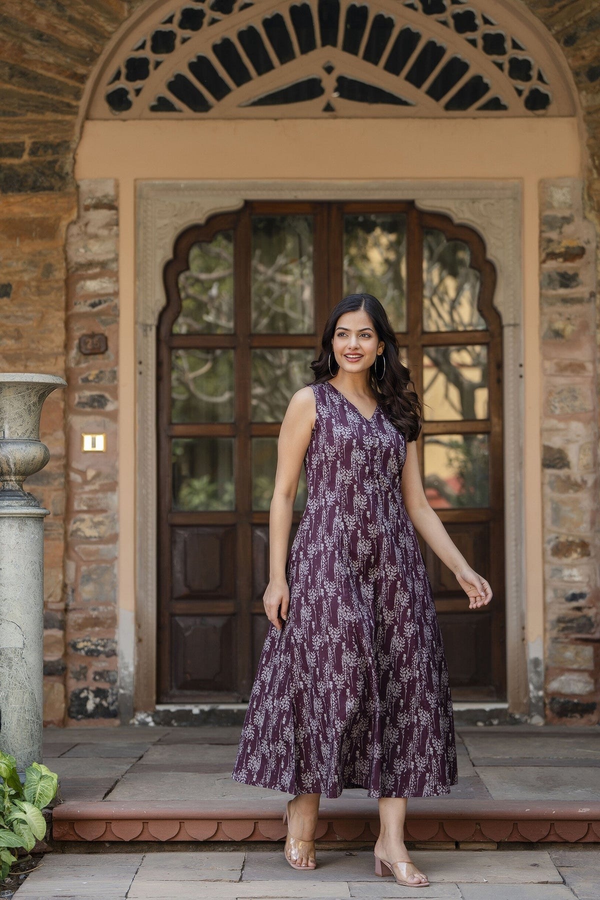 Wine Digital printed Pure Cotton Sleeveless Dress