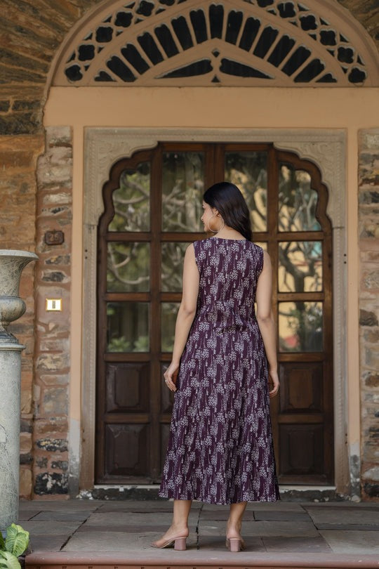 Wine Digital printed Pure Cotton Sleeveless Dress