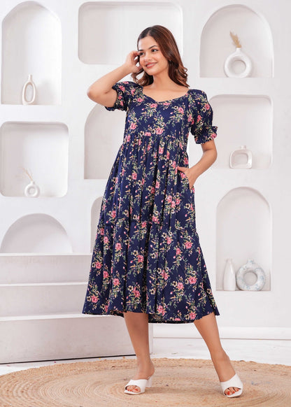 Navy Blue Floral printed  Dress