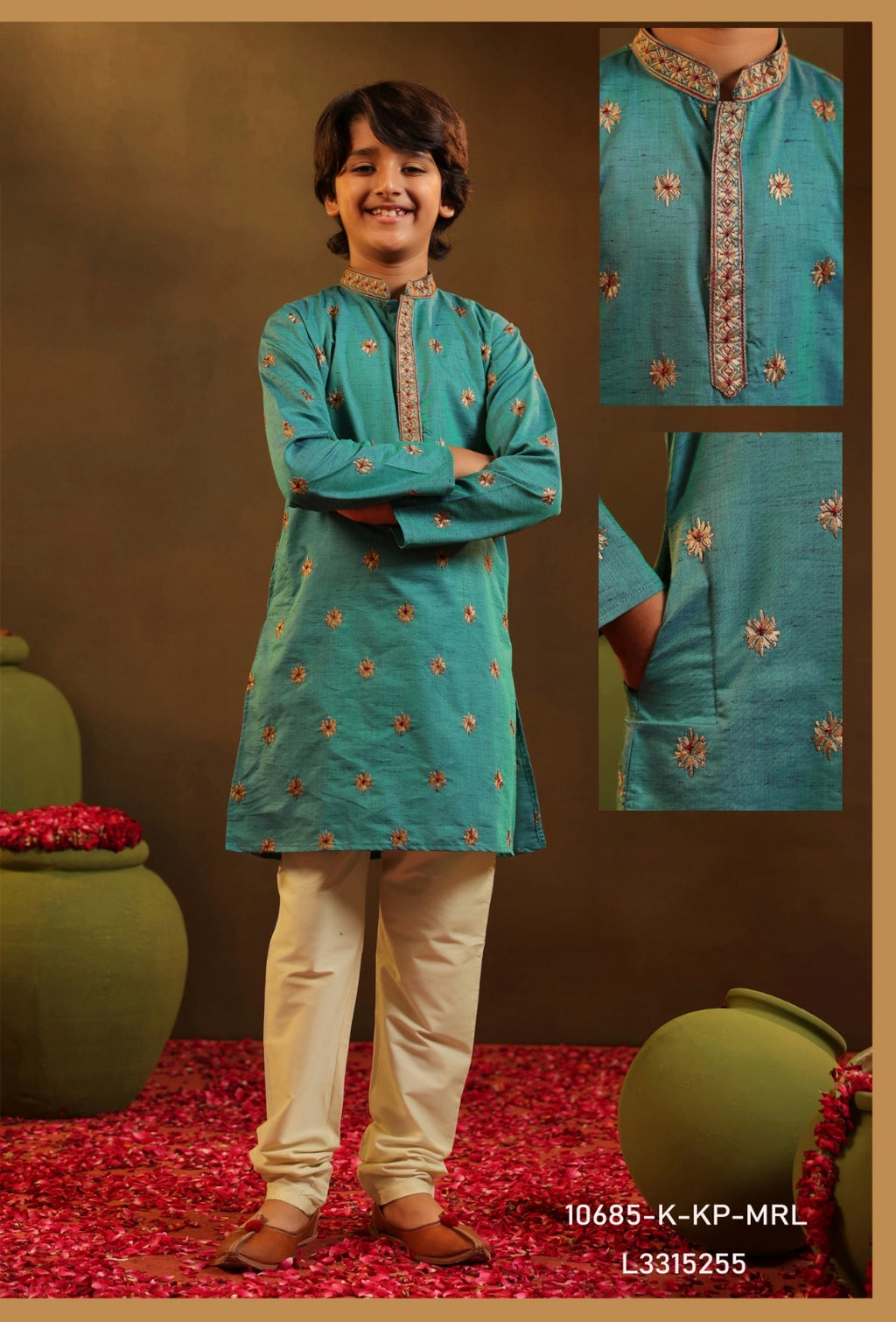 Silk  Embroidered Kurta Pajama Set For Boys