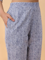 Blue Grey Floral Printed Cotton Blend Kurti Set