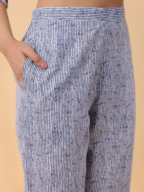 Blue Grey Floral Printed Cotton Blend Kurti Set